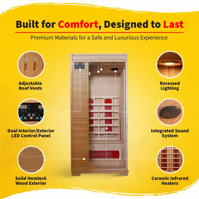 1-2 Person Hemlock Infrared Sauna with 3 Ceramic Heaters