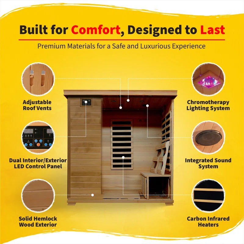 4-Person Hemlock Infrared Sauna with 9 Carbon Heaters